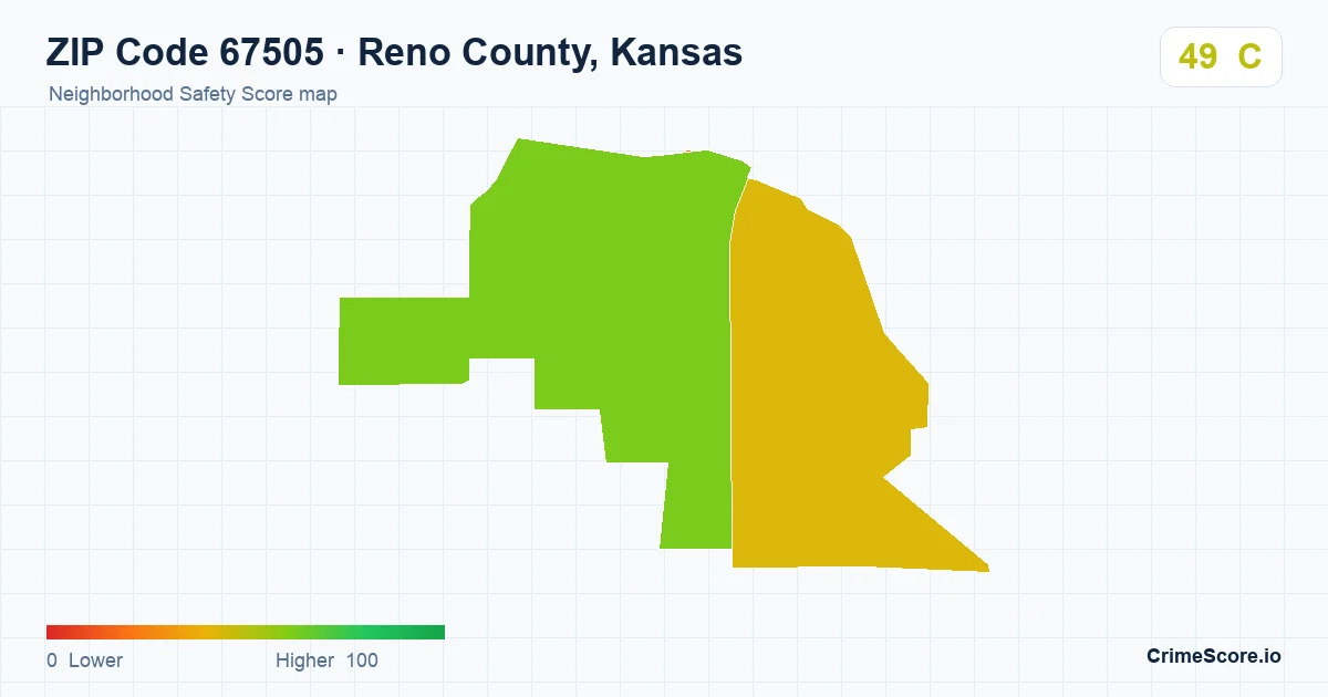 ZIP Code 67505 in Reno County, Kansas neighborhood Safety Score map