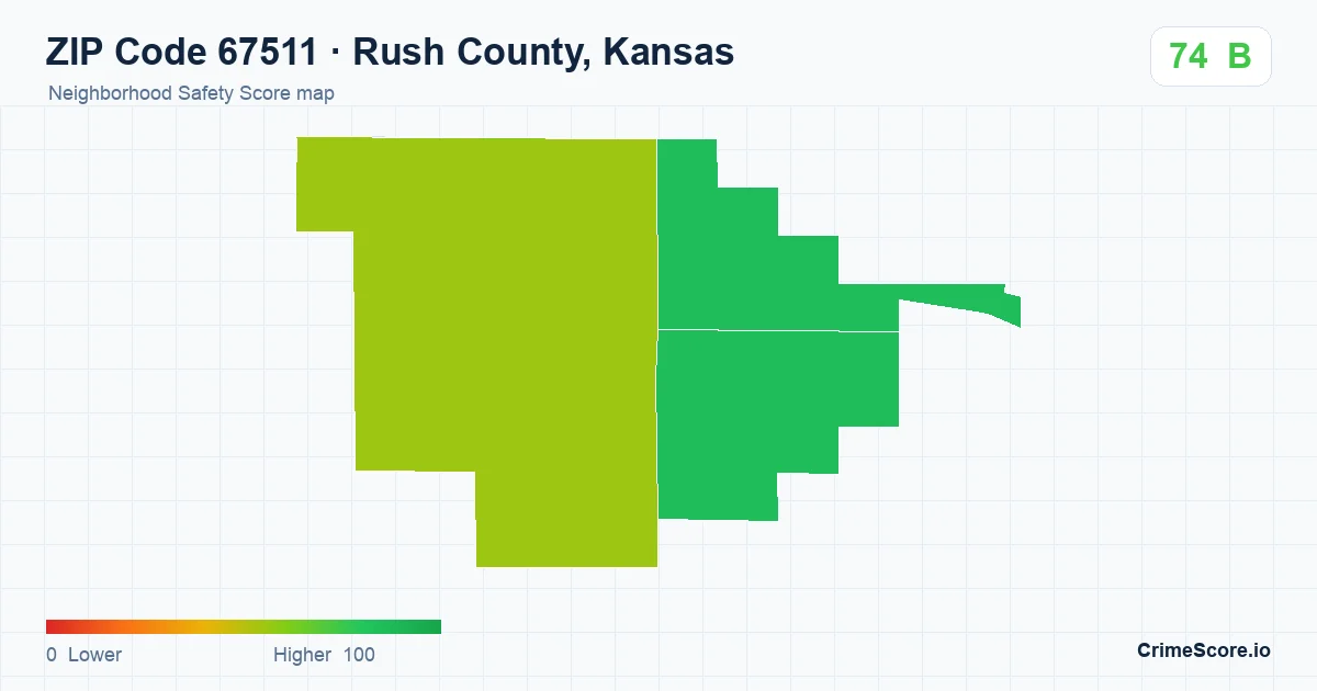 ZIP Code 67511 in Rush County, Kansas neighborhood Safety Score map