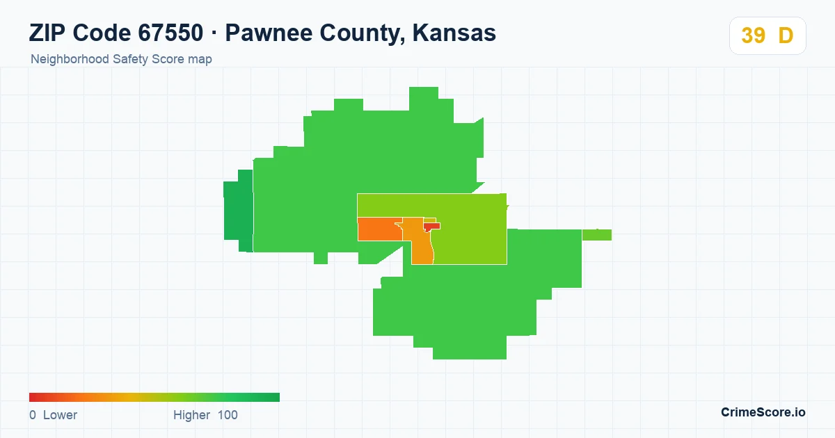 ZIP Code 67550 in Pawnee County, Kansas neighborhood Safety Score map