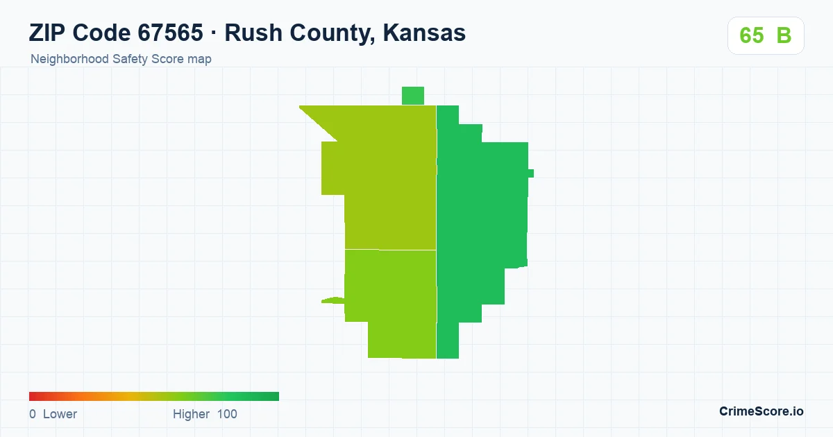 ZIP Code 67565 in Rush County, Kansas neighborhood Safety Score map