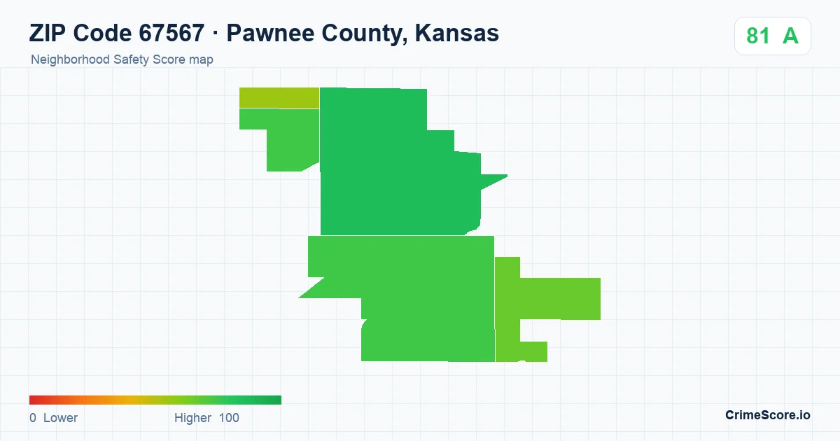 ZIP Code 67567 in Pawnee County, Kansas neighborhood Safety Score map