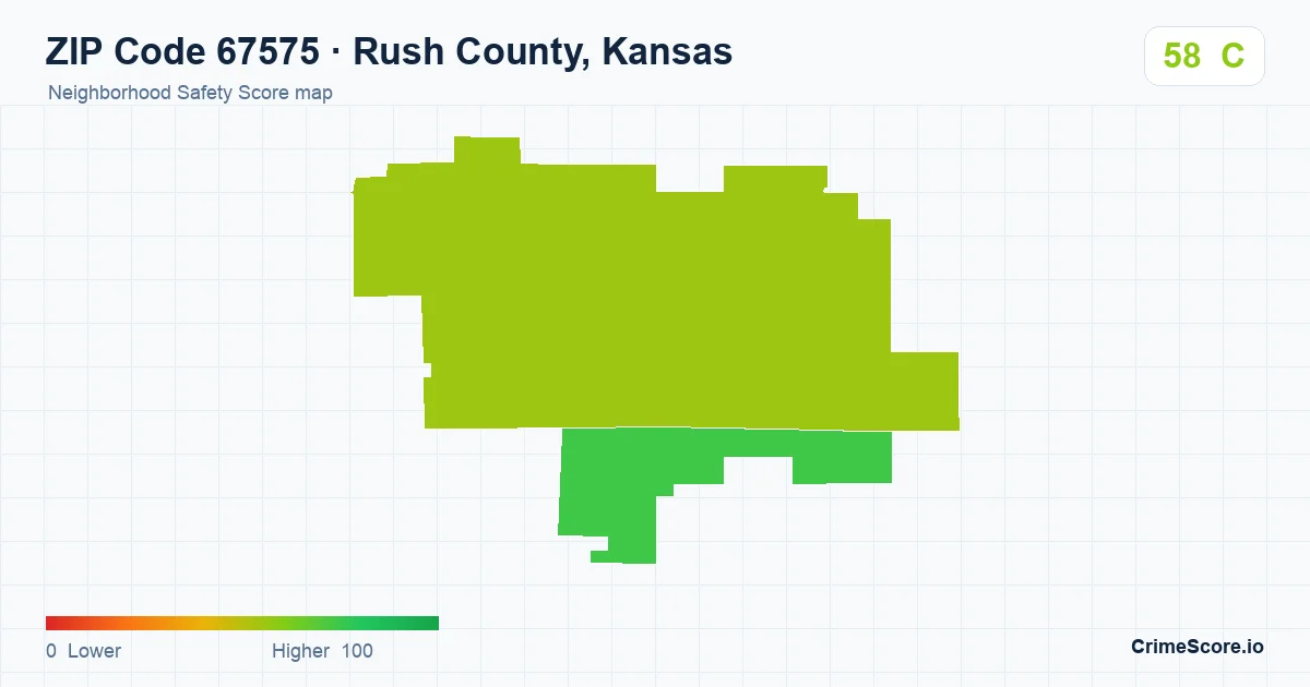 ZIP Code 67575 in Rush County, Kansas neighborhood Safety Score map