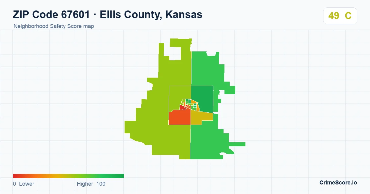 ZIP Code 67601 in Ellis County, Kansas neighborhood Safety Score map