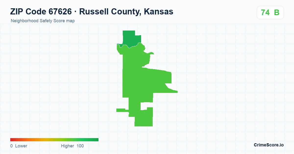 ZIP Code 67626 in Russell County, Kansas neighborhood Safety Score map