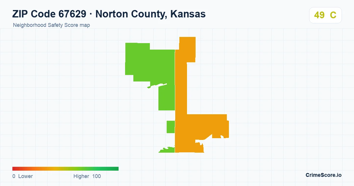 ZIP Code 67629 in Norton County, Kansas neighborhood Safety Score map