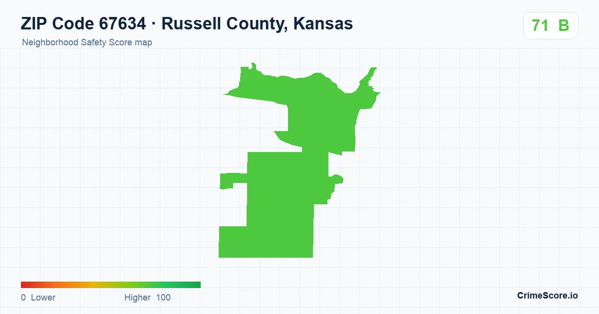 ZIP Code 67634 in Russell County, Kansas neighborhood Safety Score map