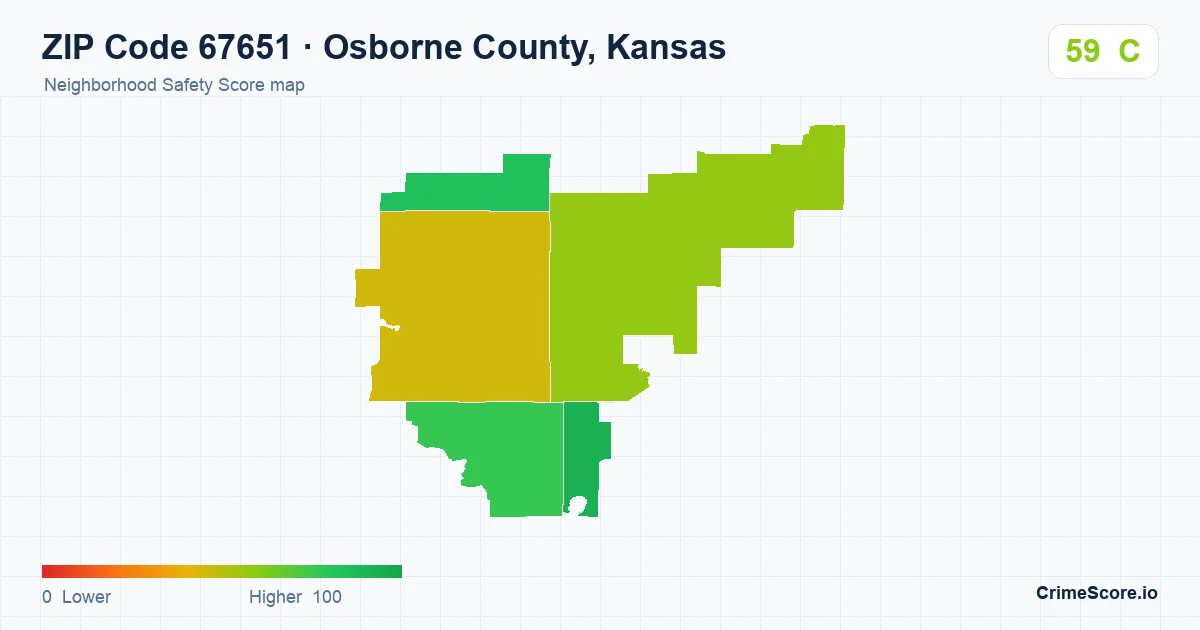 ZIP Code 67651 in Osborne County, Kansas neighborhood Safety Score map