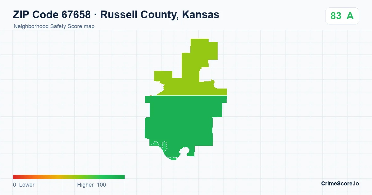 ZIP Code 67658 in Russell County, Kansas neighborhood Safety Score map