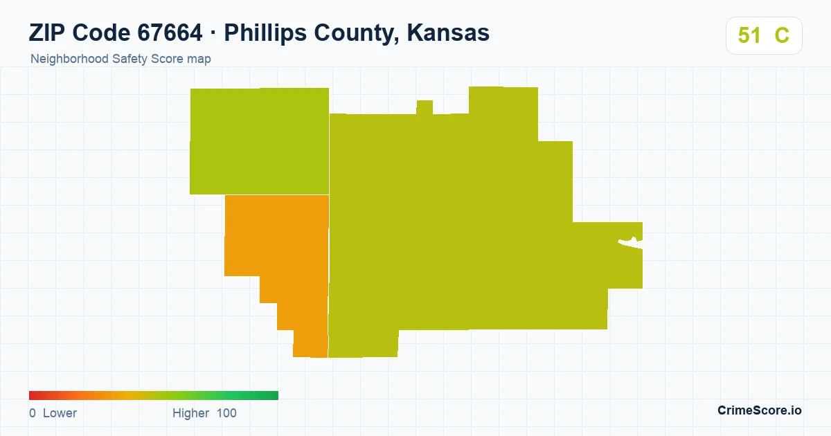 ZIP Code 67664 in Phillips County, Kansas neighborhood Safety Score map
