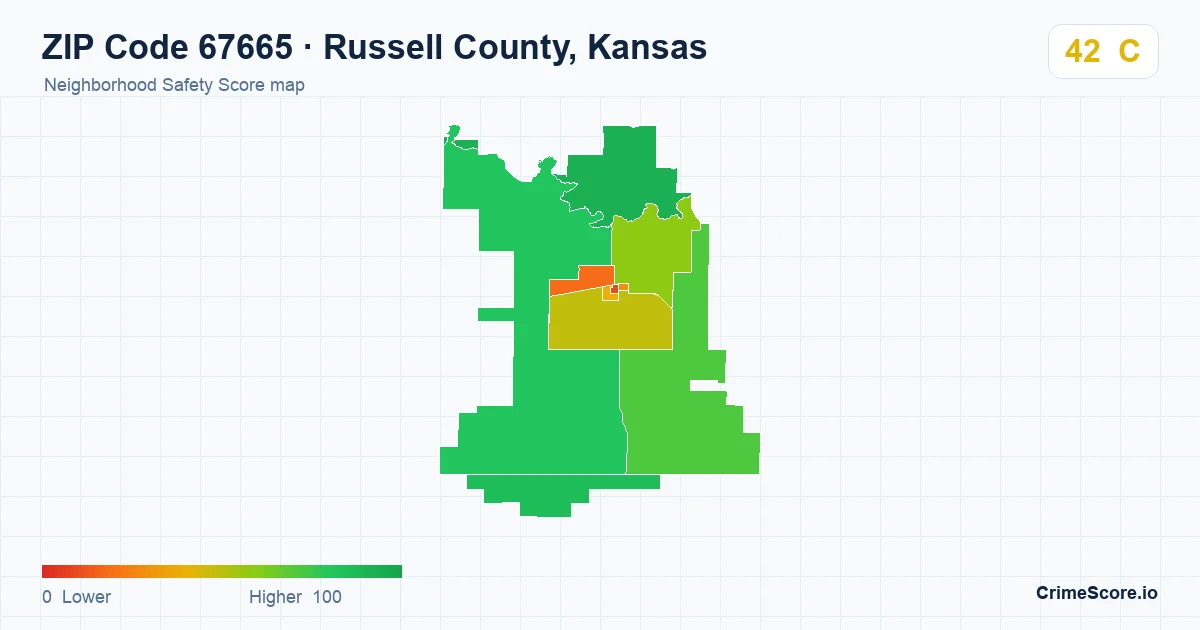 ZIP Code 67665 in Russell County, Kansas neighborhood Safety Score map