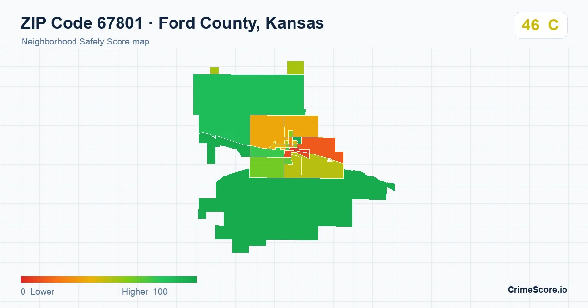 ZIP Code 67801 in Ford County, Kansas neighborhood Safety Score map
