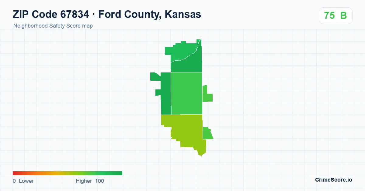 ZIP Code 67834 in Ford County, Kansas neighborhood Safety Score map