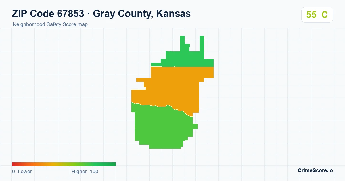 ZIP Code 67853 in Gray County, Kansas neighborhood Safety Score map