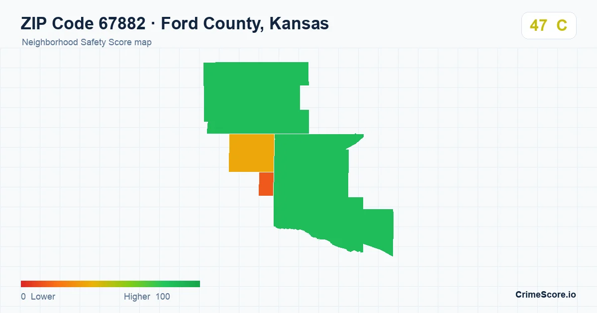 ZIP Code 67882 in Ford County, Kansas neighborhood Safety Score map