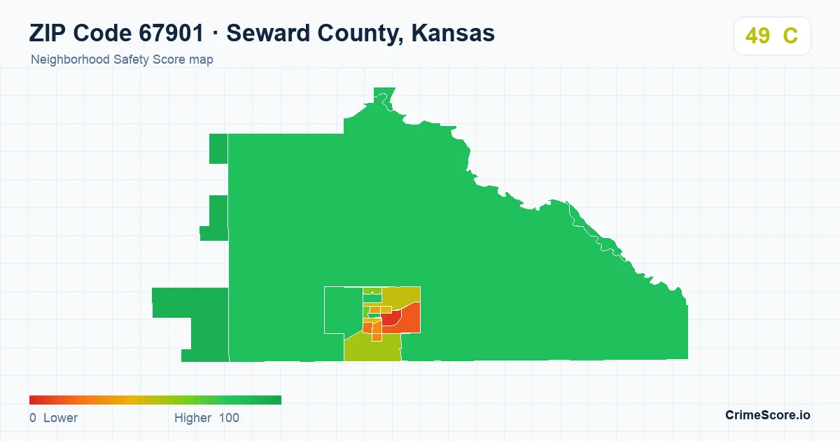 ZIP Code 67901 in Seward County, Kansas neighborhood Safety Score map