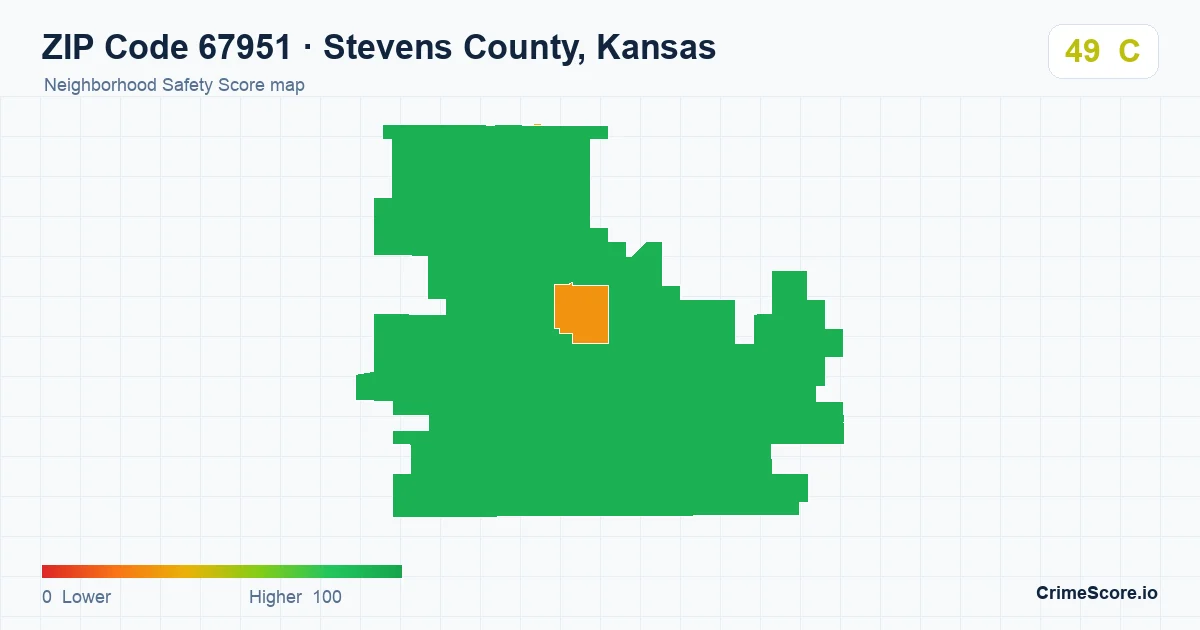 ZIP Code 67951 in Stevens County, Kansas neighborhood Safety Score map
