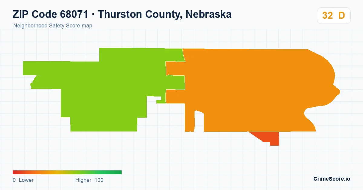 ZIP Code 68071 in Thurston County, Nebraska neighborhood Safety Score map