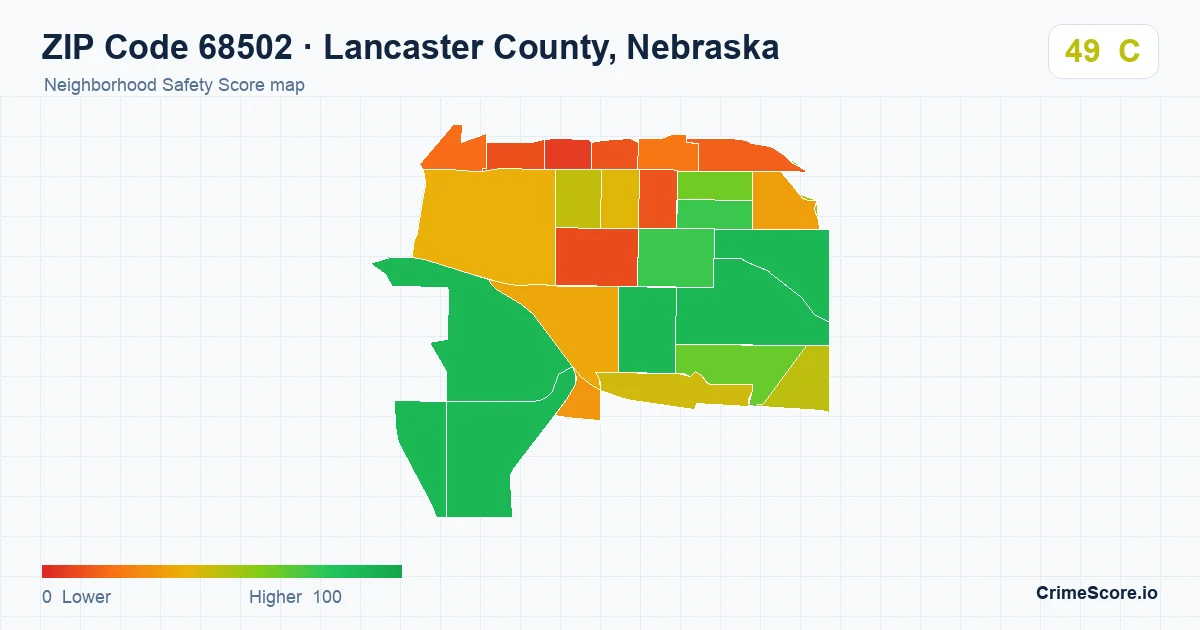 ZIP Code 68502 in Lancaster County, Nebraska neighborhood Safety Score map