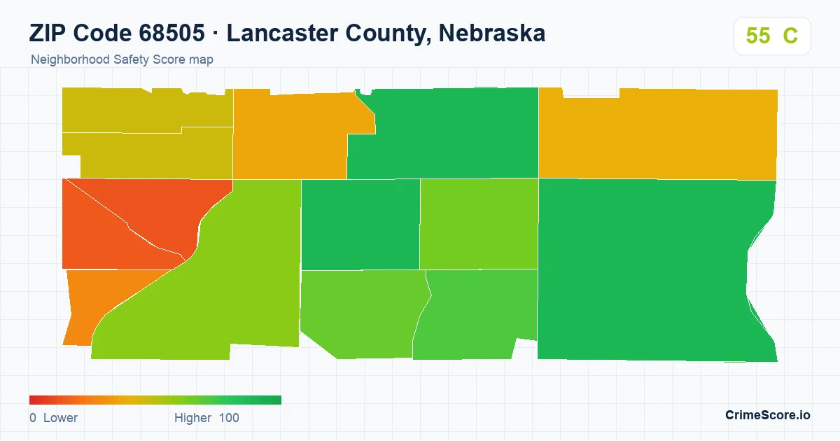 ZIP Code 68505 in Lancaster County, Nebraska neighborhood Safety Score map