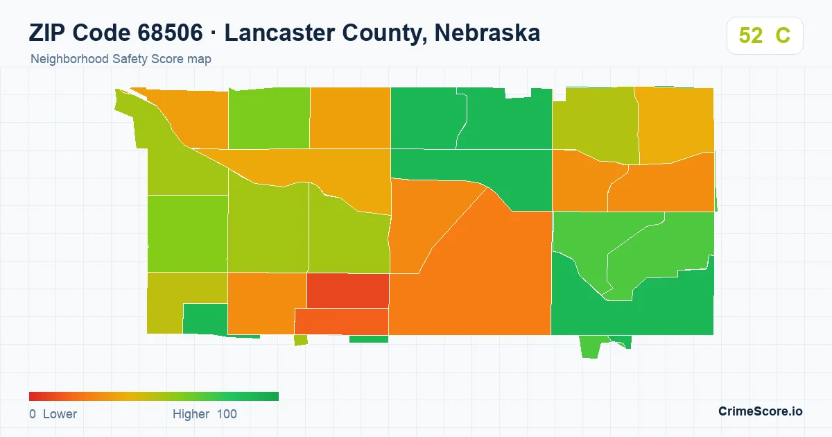 ZIP Code 68506 in Lancaster County, Nebraska neighborhood Safety Score map