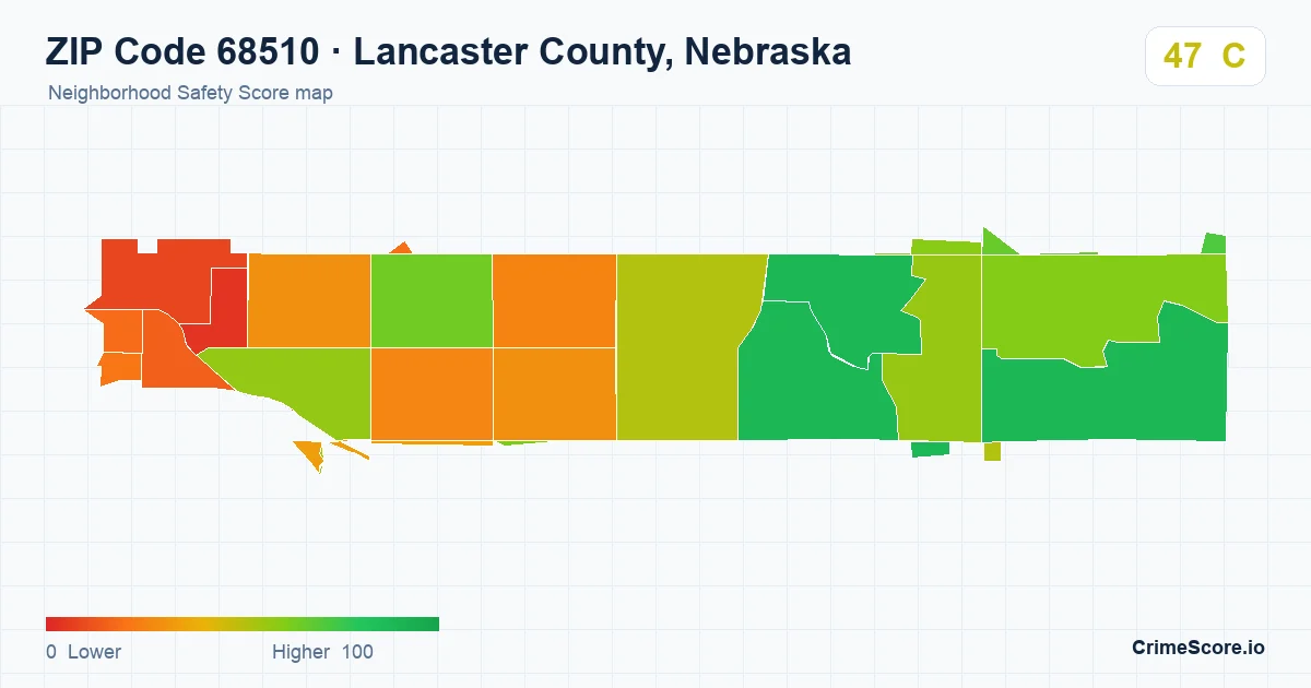 ZIP Code 68510 in Lancaster County, Nebraska neighborhood Safety Score map