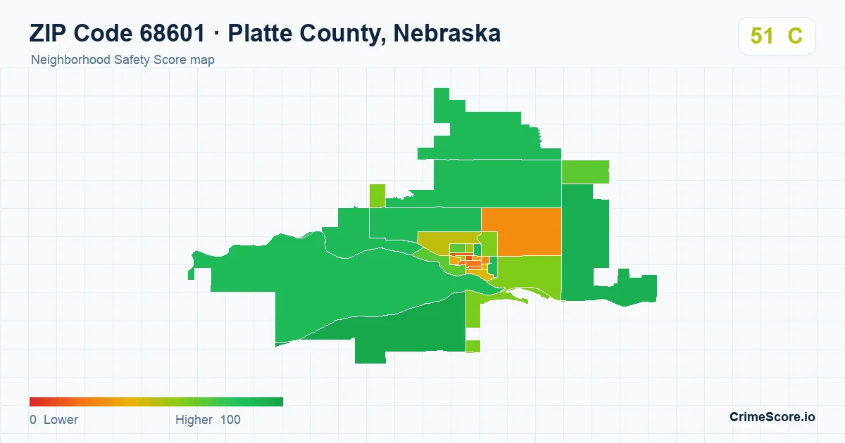 ZIP Code 68601 in Platte County, Nebraska neighborhood Safety Score map