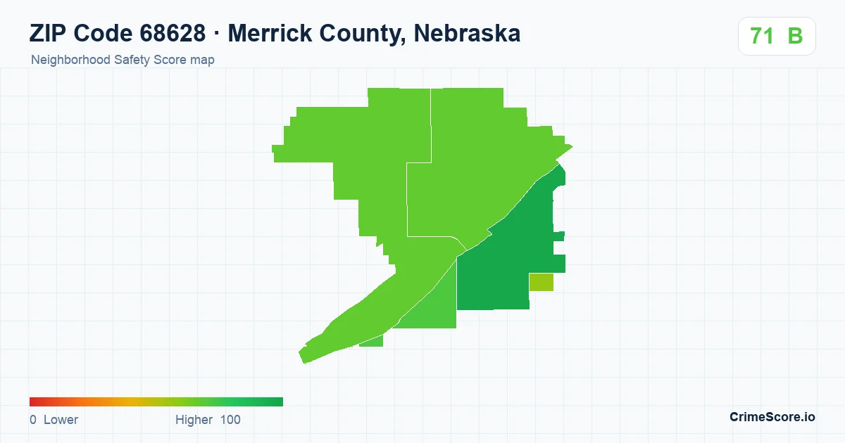 ZIP Code 68628 in Merrick County, Nebraska neighborhood Safety Score map
