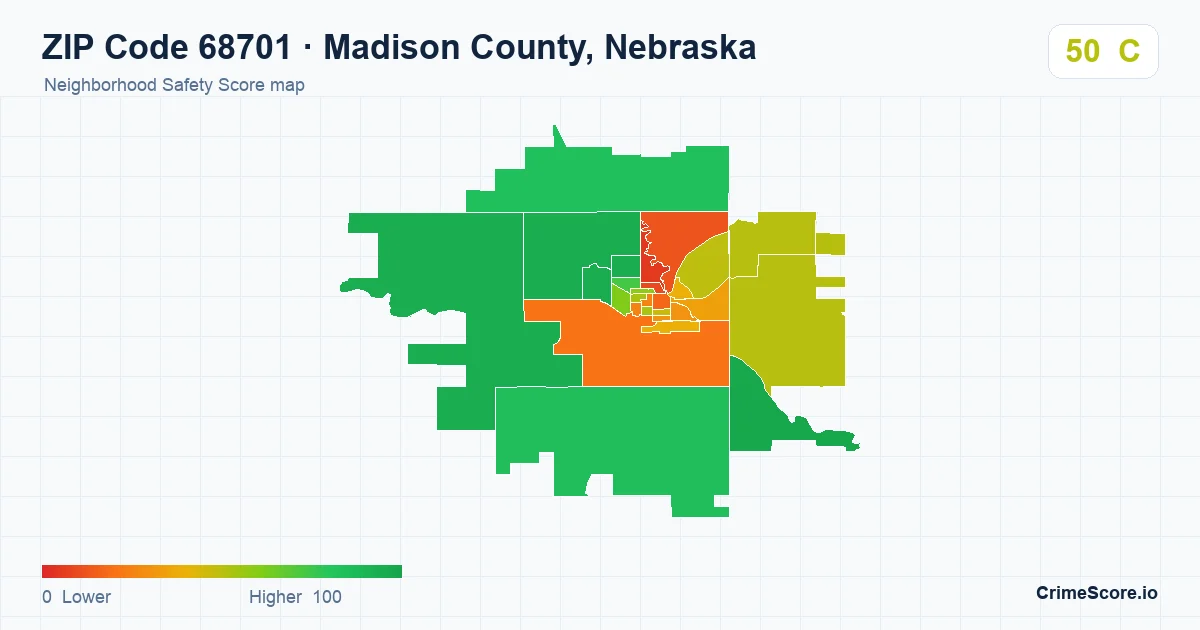 ZIP Code 68701 in Madison County, Nebraska neighborhood Safety Score map