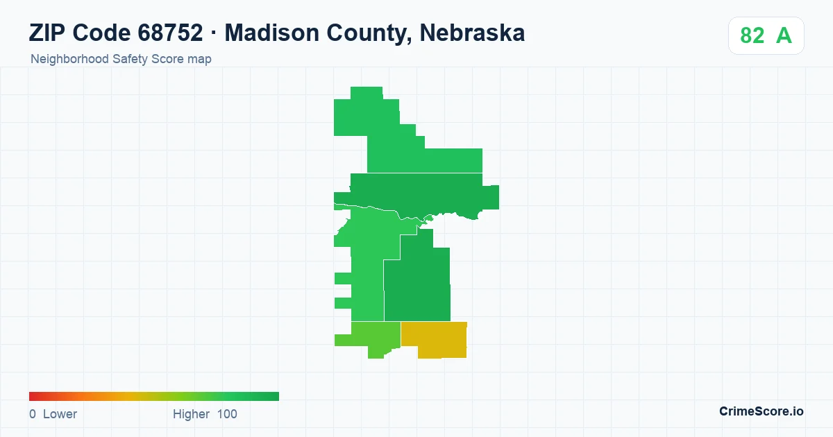 ZIP Code 68752 in Madison County, Nebraska neighborhood Safety Score map