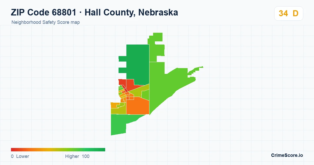 ZIP Code 68801 in Hall County, Nebraska neighborhood Safety Score map