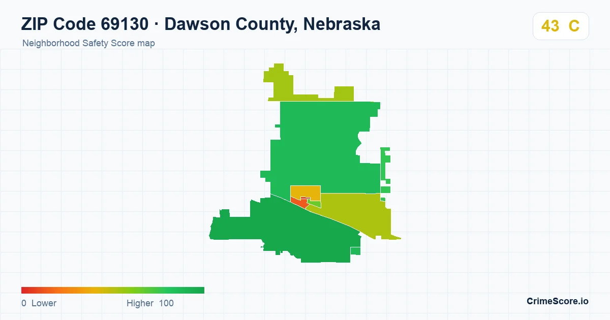 ZIP Code 69130 in Dawson County, Nebraska neighborhood Safety Score map