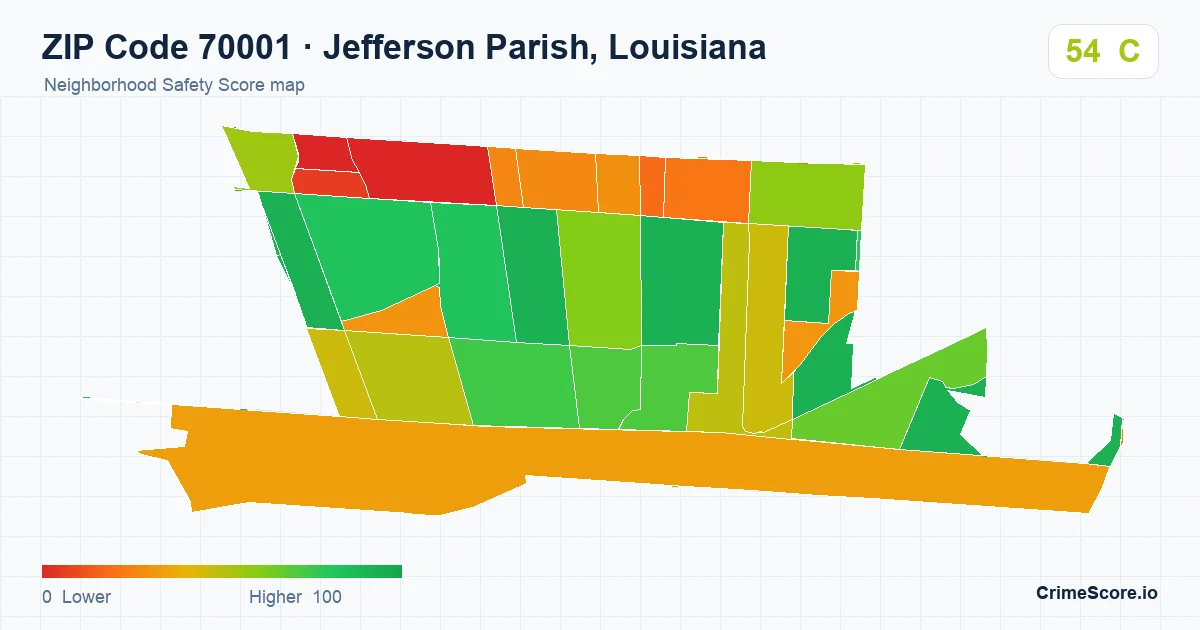 ZIP Code 70001 in Jefferson Parish, Louisiana neighborhood Safety Score map