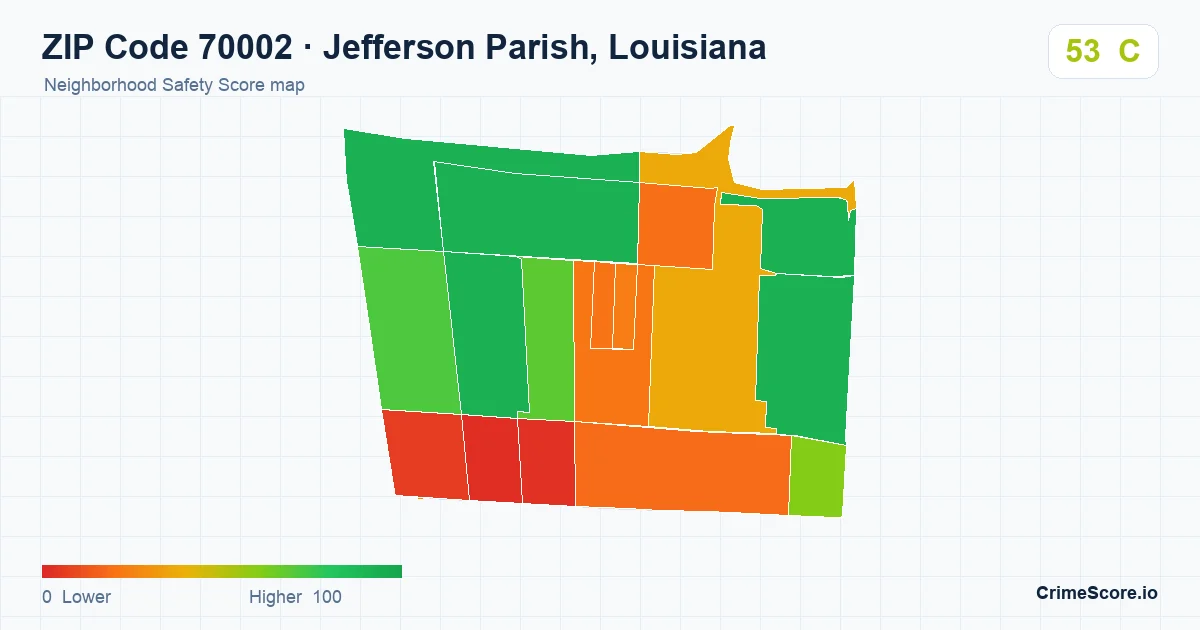 ZIP Code 70002 in Jefferson Parish, Louisiana neighborhood Safety Score map