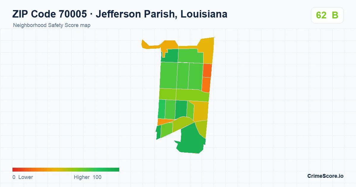 ZIP Code 70005 in Jefferson Parish, Louisiana neighborhood Safety Score map