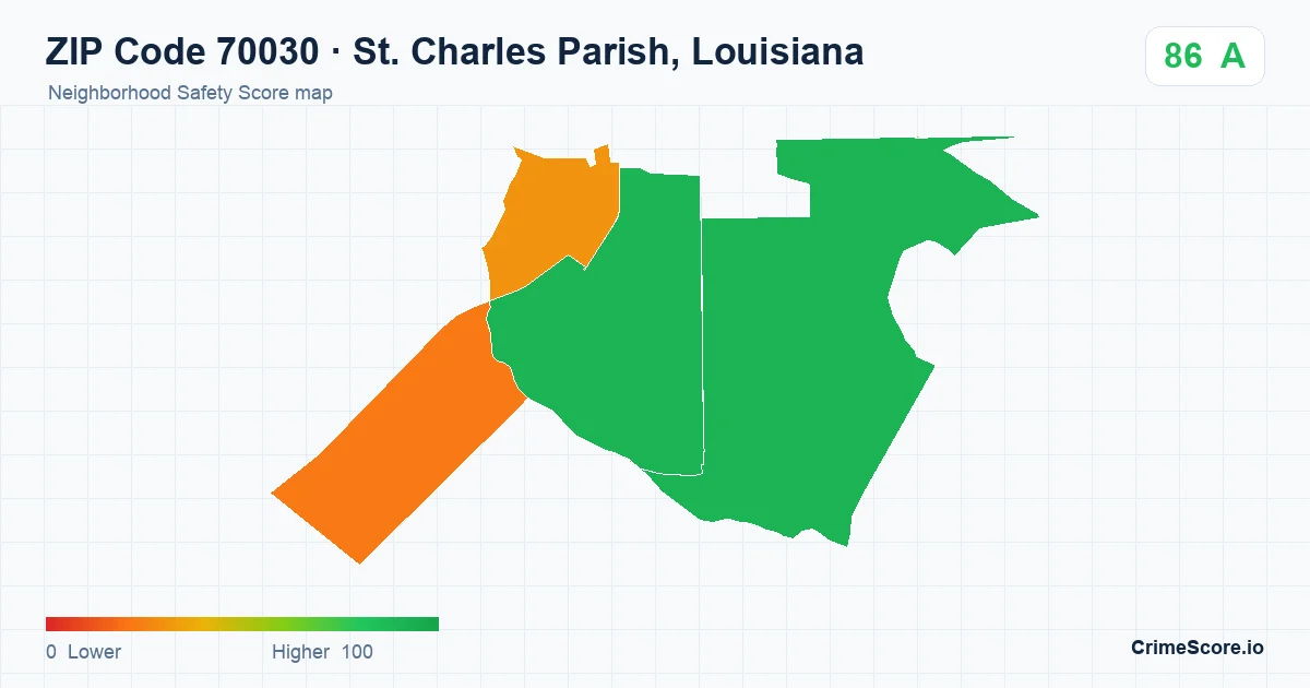 ZIP Code 70030 in St. Charles Parish, Louisiana neighborhood Safety Score map