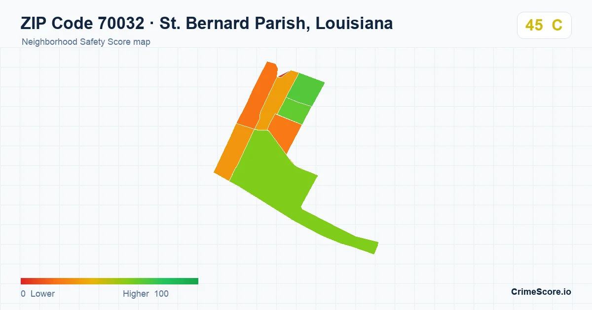 ZIP Code 70032 in St. Bernard Parish, Louisiana neighborhood Safety Score map