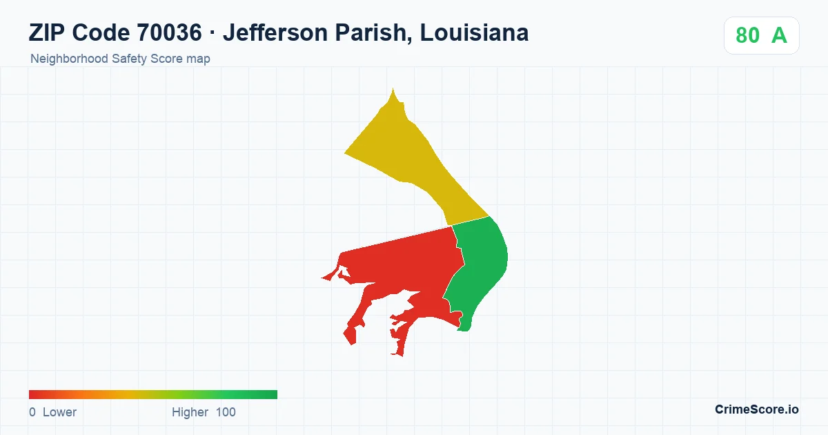 ZIP Code 70036 in Jefferson Parish, Louisiana neighborhood Safety Score map