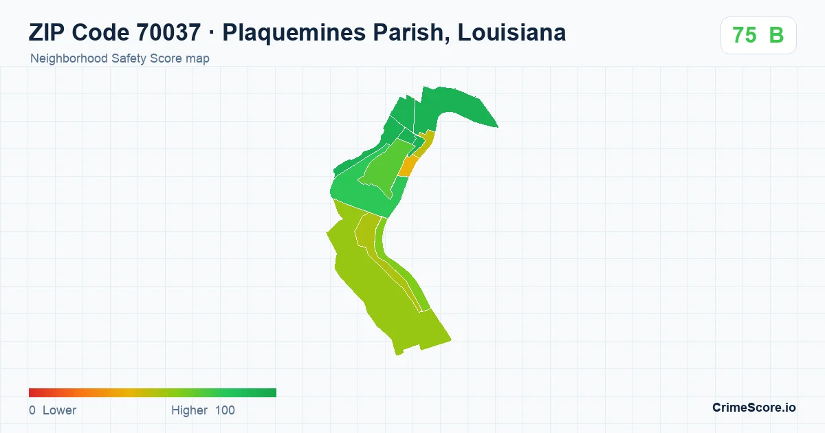 ZIP Code 70037 in Plaquemines Parish, Louisiana neighborhood Safety Score map