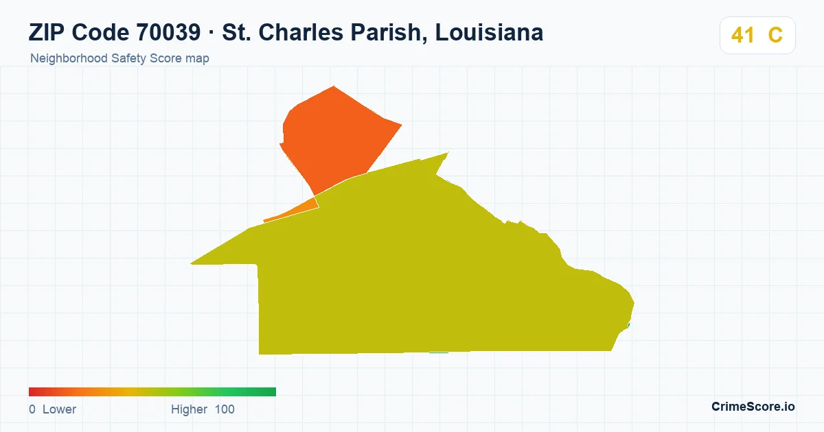 ZIP Code 70039 in St. Charles Parish, Louisiana neighborhood Safety Score map