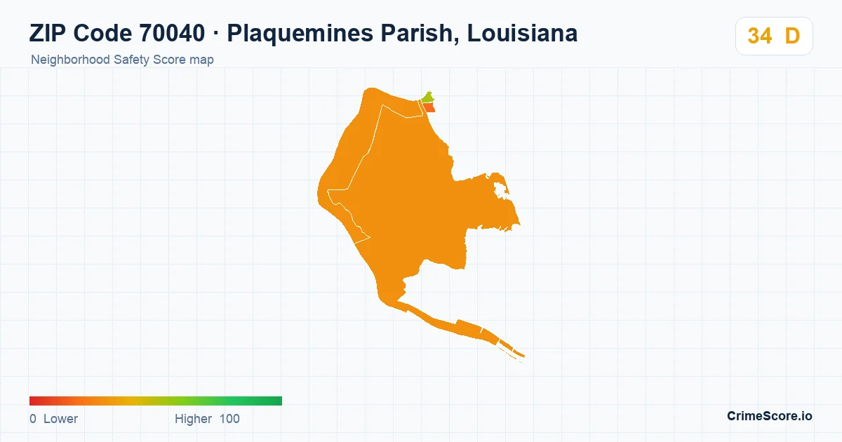 ZIP Code 70040 in Plaquemines Parish, Louisiana neighborhood Safety Score map