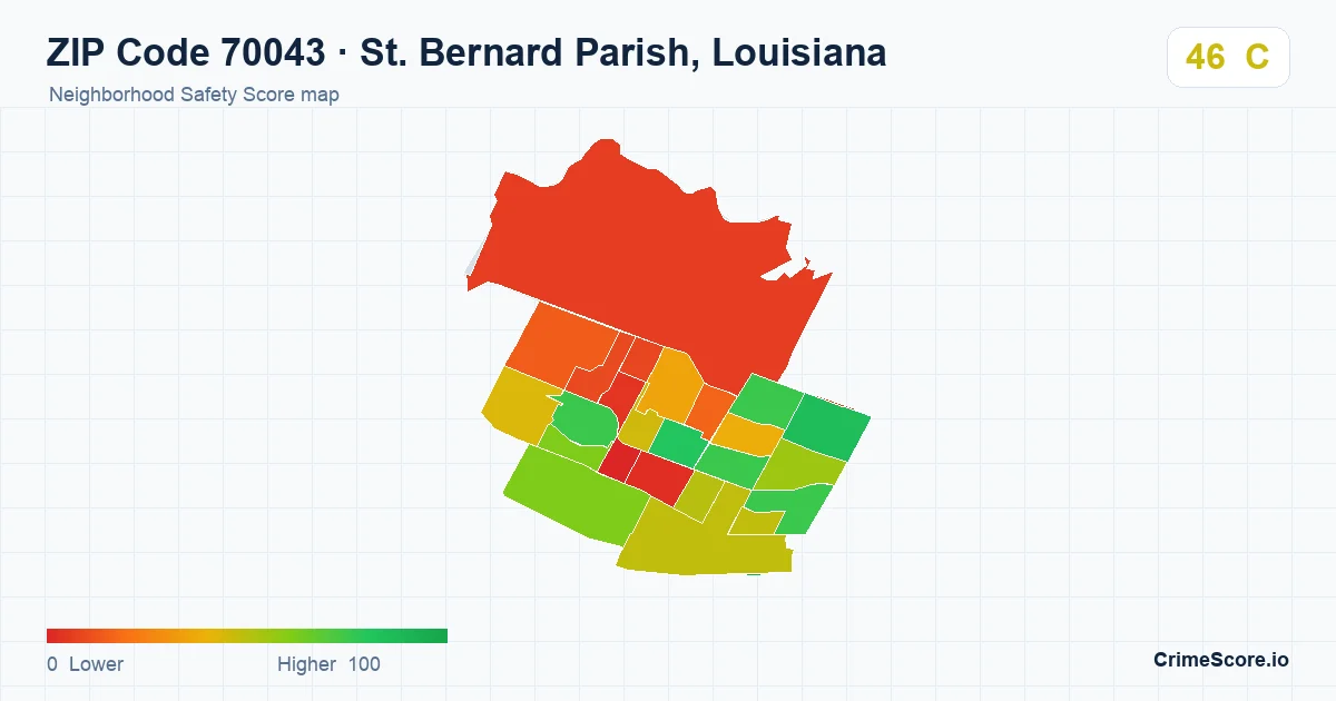 ZIP Code 70043 in St. Bernard Parish, Louisiana neighborhood Safety Score map