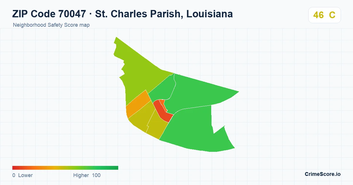 ZIP Code 70047 in St. Charles Parish, Louisiana neighborhood Safety Score map