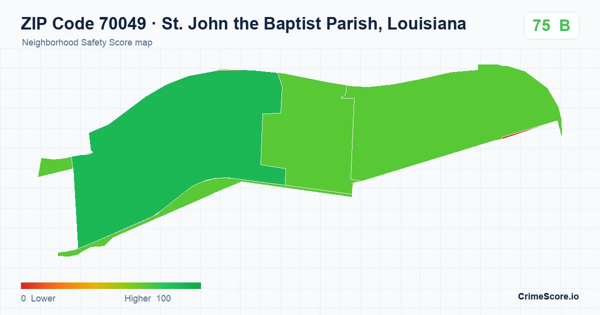 ZIP Code 70049 in St. John the Baptist Parish, Louisiana neighborhood Safety Score map