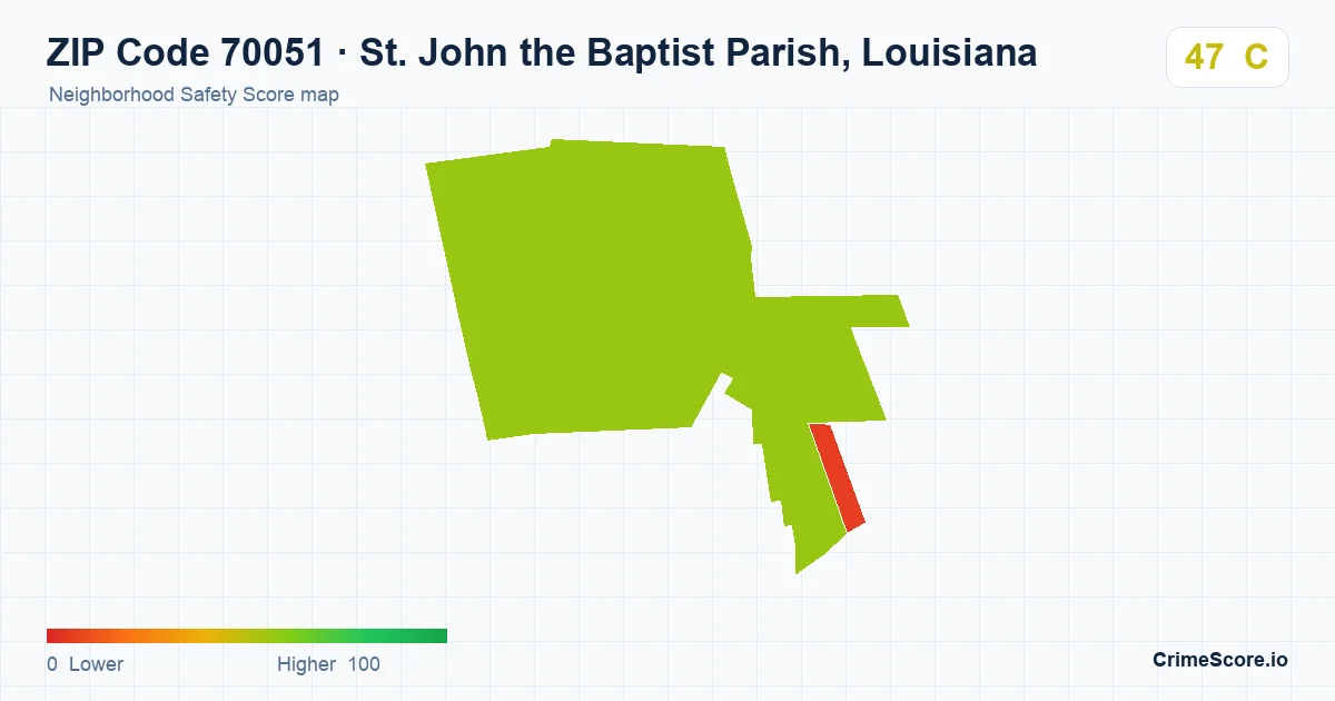 ZIP Code 70051 in St. John the Baptist Parish, Louisiana neighborhood Safety Score map