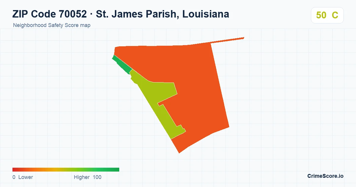 ZIP Code 70052 in St. James Parish, Louisiana neighborhood Safety Score map