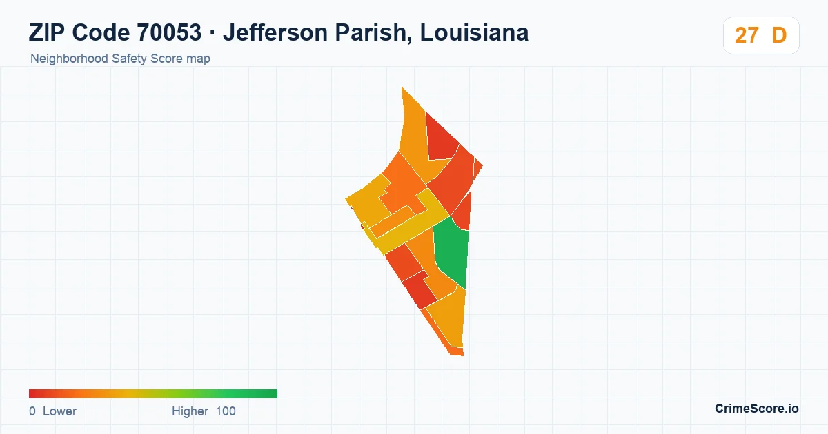ZIP Code 70053 in Jefferson Parish, Louisiana neighborhood Safety Score map