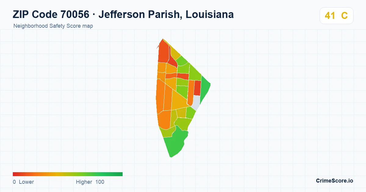 ZIP Code 70056 in Jefferson Parish, Louisiana neighborhood Safety Score map
