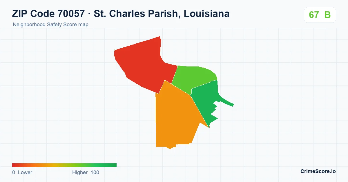 ZIP Code 70057 in St. Charles Parish, Louisiana neighborhood Safety Score map
