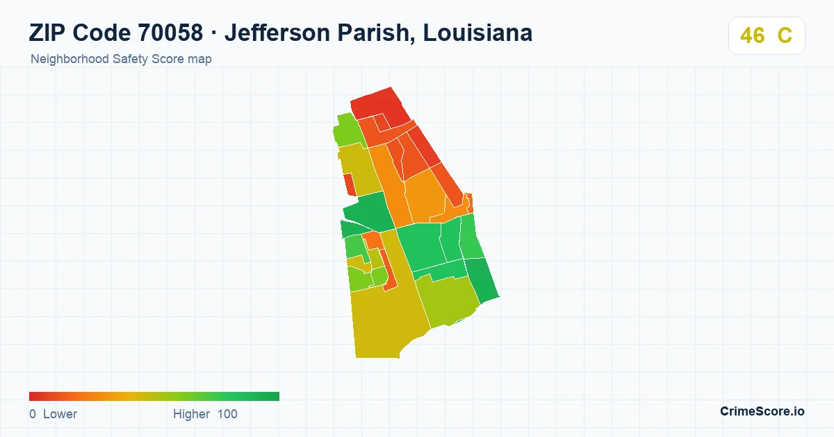 ZIP Code 70058 in Jefferson Parish, Louisiana neighborhood Safety Score map