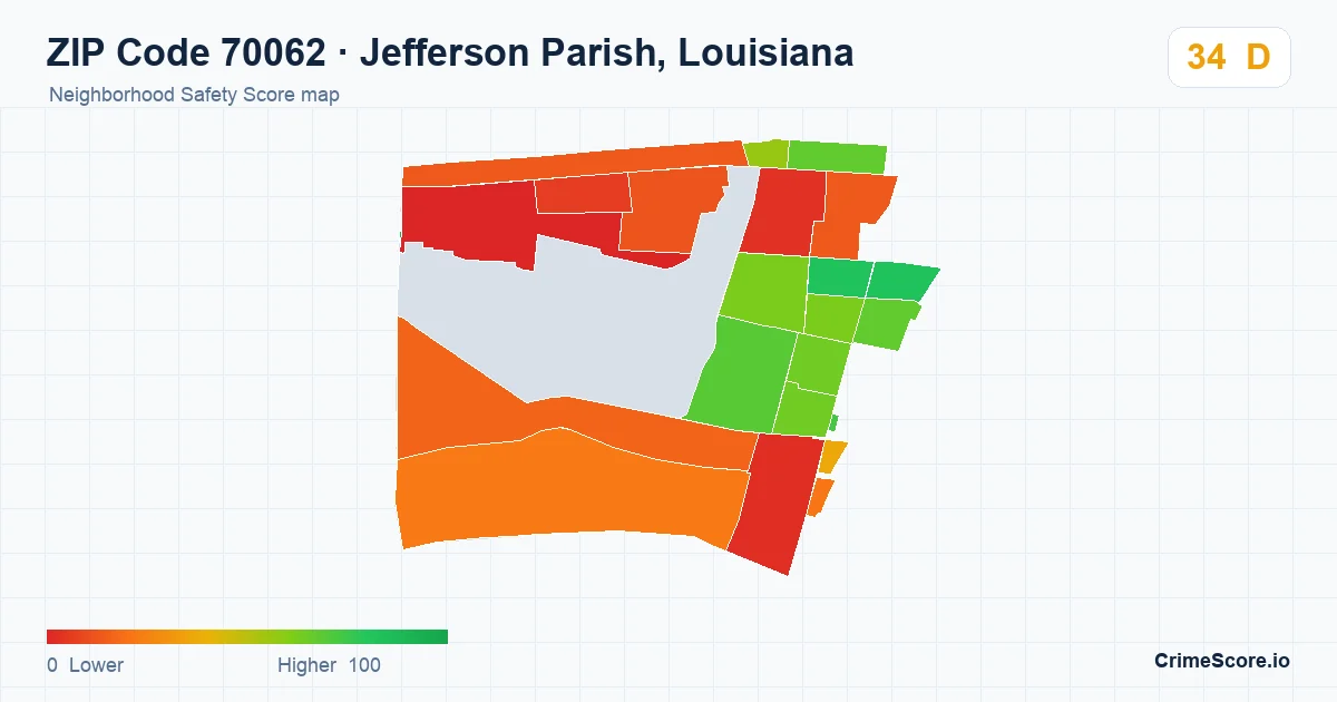ZIP Code 70062 in Jefferson Parish, Louisiana neighborhood Safety Score map
